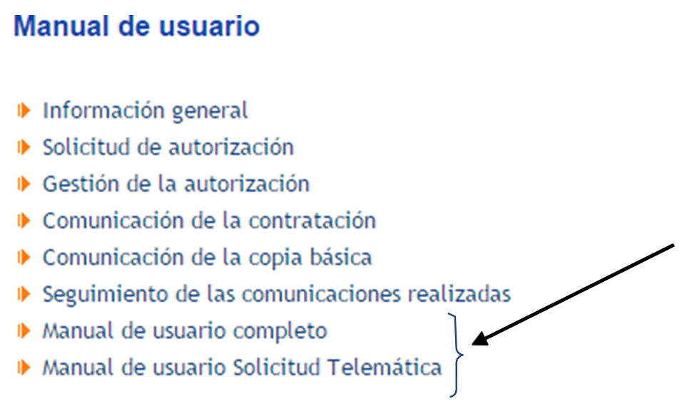 Menú "Manual de usuario" de la página web de Contrat@